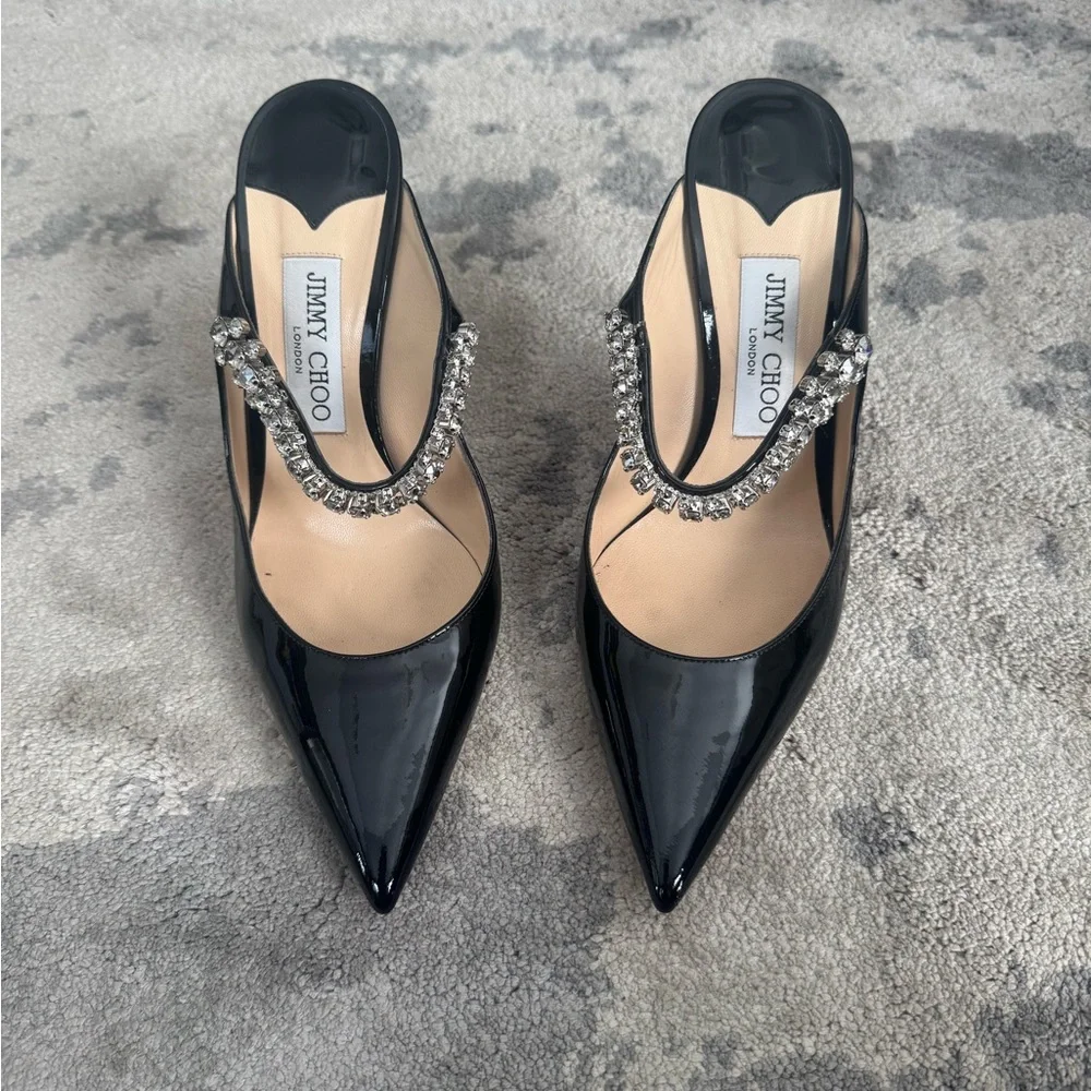Jimmy Choo Bing 100 Black Patent Pumps Mules Heels w/ Crystal Strap 38.5 - Picture 4 of 11